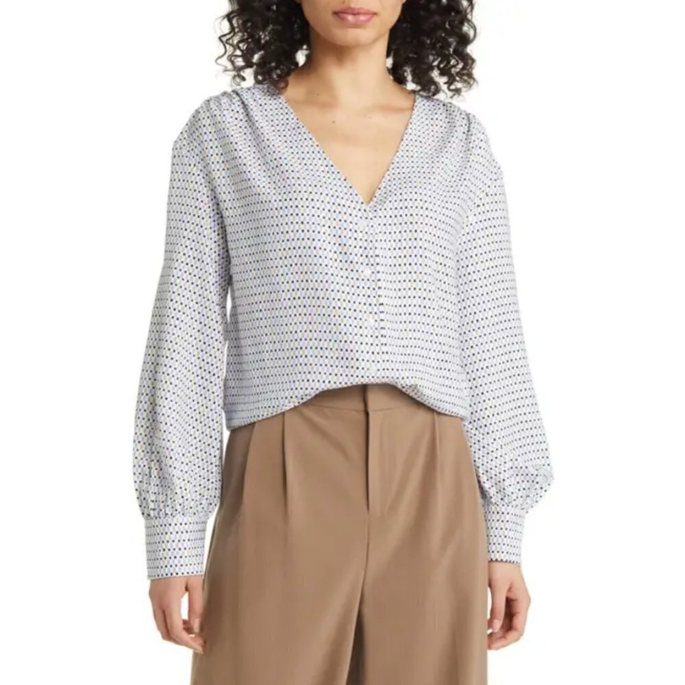 💕NORDSTROM💕 Geometric Print Button Down Blouse ~ White Tan Black Medium M NWT
